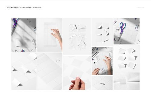 Square stickers mockup set displayed in various arrangements, with plain white stickers shown from top view and close-up angles.