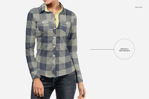 Women’s dress shirt PSD mockup displaying a blue and gray checkered pattern, two chest pockets, and a neutral background.