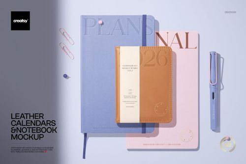 Flat lay of leather calendar and notebook mockup set in soft blue, tan, and pink, with stationery props on a light surface.