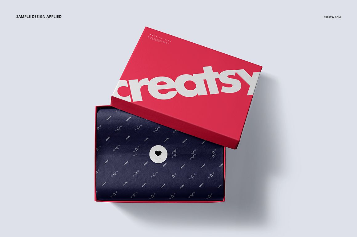 Shoe box mockup with a bold pink lid featuring large white text, shown from a top angle with the lid partially open.