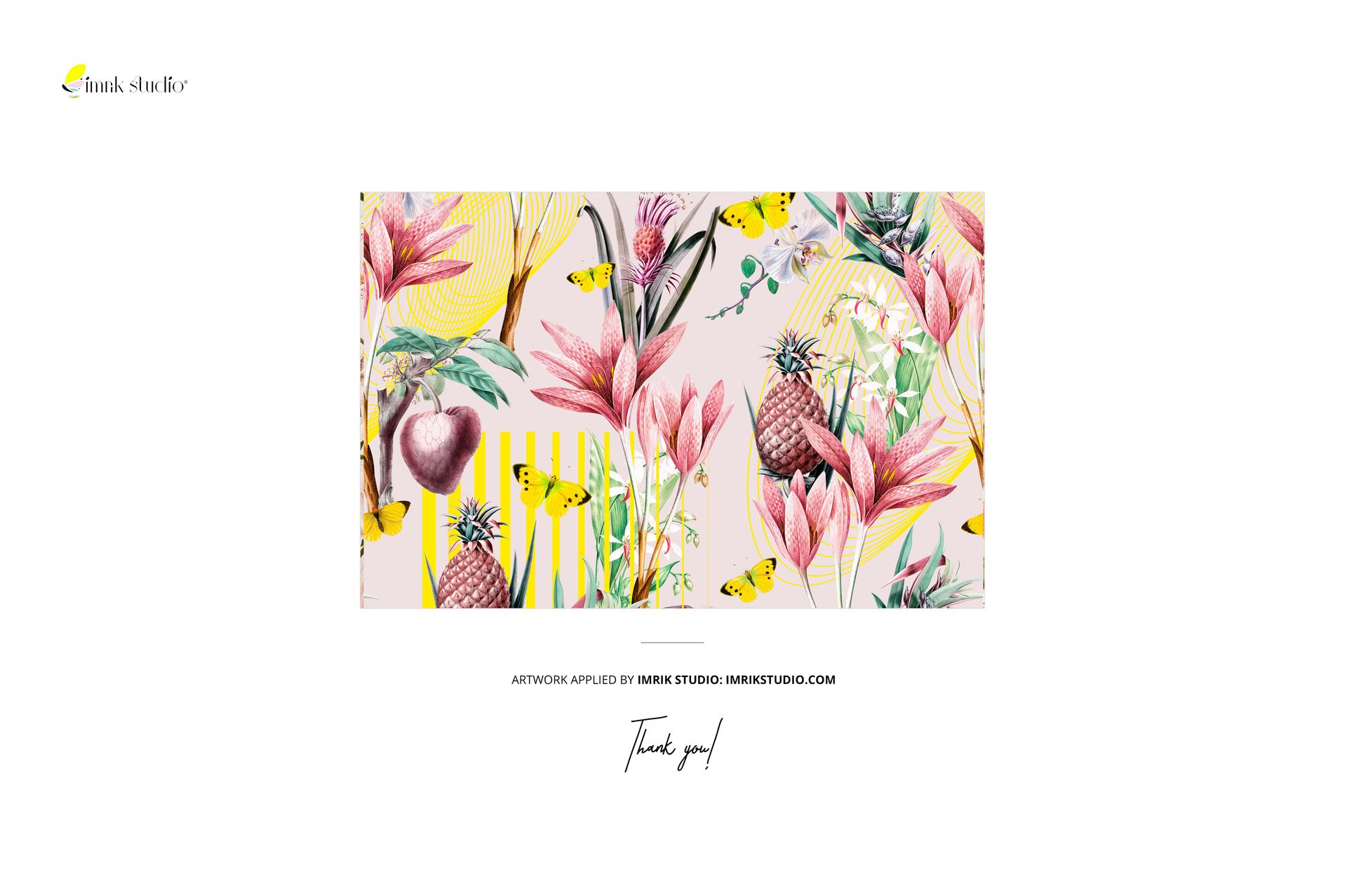 Rectangular silk scarf mockup featuring a tropical floral and fruit pattern with pink, yellow, and green tones.