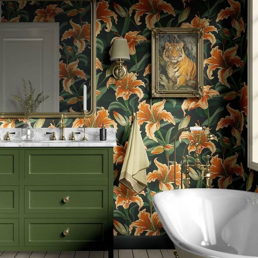 Victorian bathroom wallpaper mockup featuring bold orange floral patterns, green vanity, marble countertop, and a framed tiger artwork.
