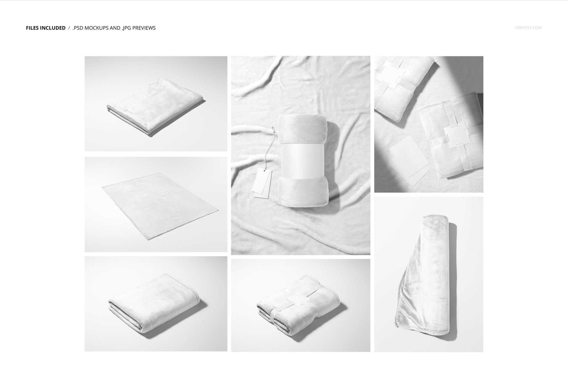 Fleece blanket mockup set showing various blanket arrangements including folded, rolled, and flat layouts on a neutral background.