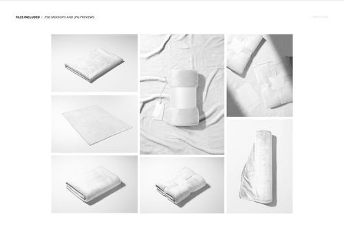 Fleece blanket mockup set showing various blanket arrangements including folded, rolled, and flat layouts on a neutral background.