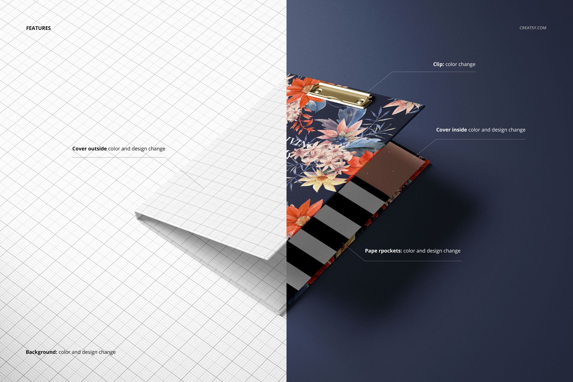Stationery clipfolio mockup with floral cover and striped paper, shown in top view split between grid and dark background.