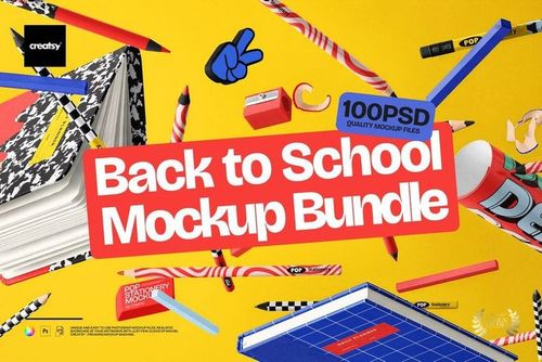 Colorful back-to-school stationery mockup scene with notebooks, pencils, pens, crayons, and school accessories on a yellow background.