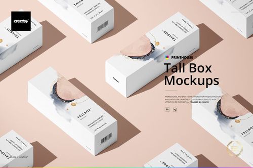 Tall box mockup set featuring several long white packaging boxes with simple graphics, viewed from above.