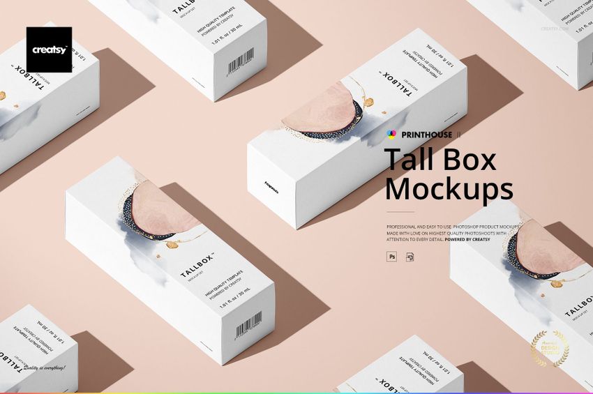 Tall box mockup set featuring several long white packaging boxes with simple graphics, viewed from above.