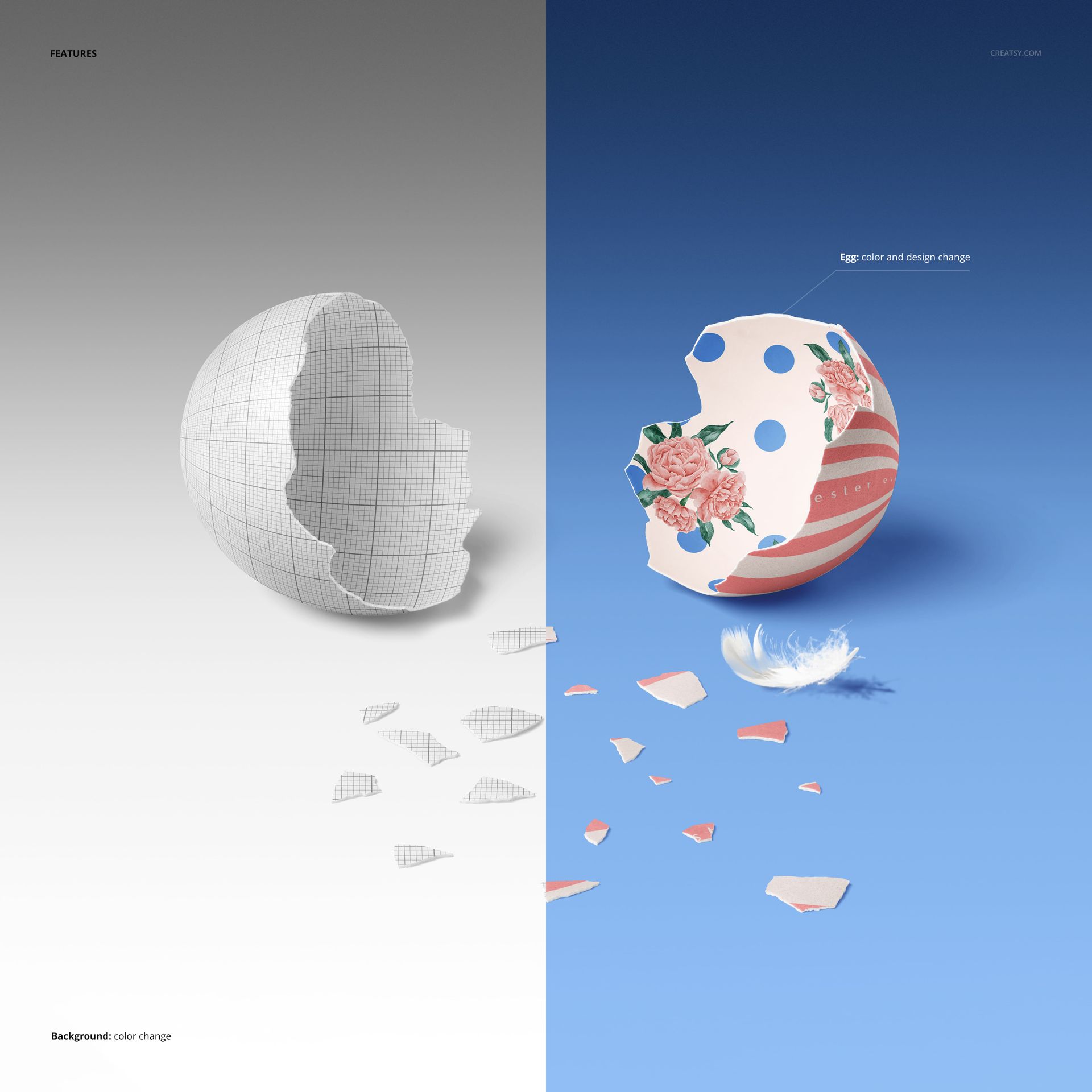 Cracked Easter egg mockup split into two halves, left side with grid pattern and right side decorated with floral and polka dot design.