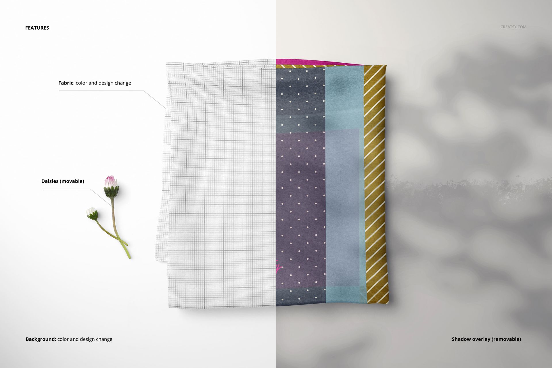 Folded silk scarf mockup shown from a top view, featuring a grid pattern on one half and colorful designs on the other.