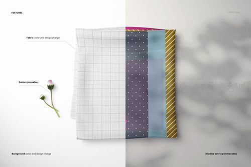 Folded silk scarf mockup shown from a top view, featuring a grid pattern on one half and colorful designs on the other.