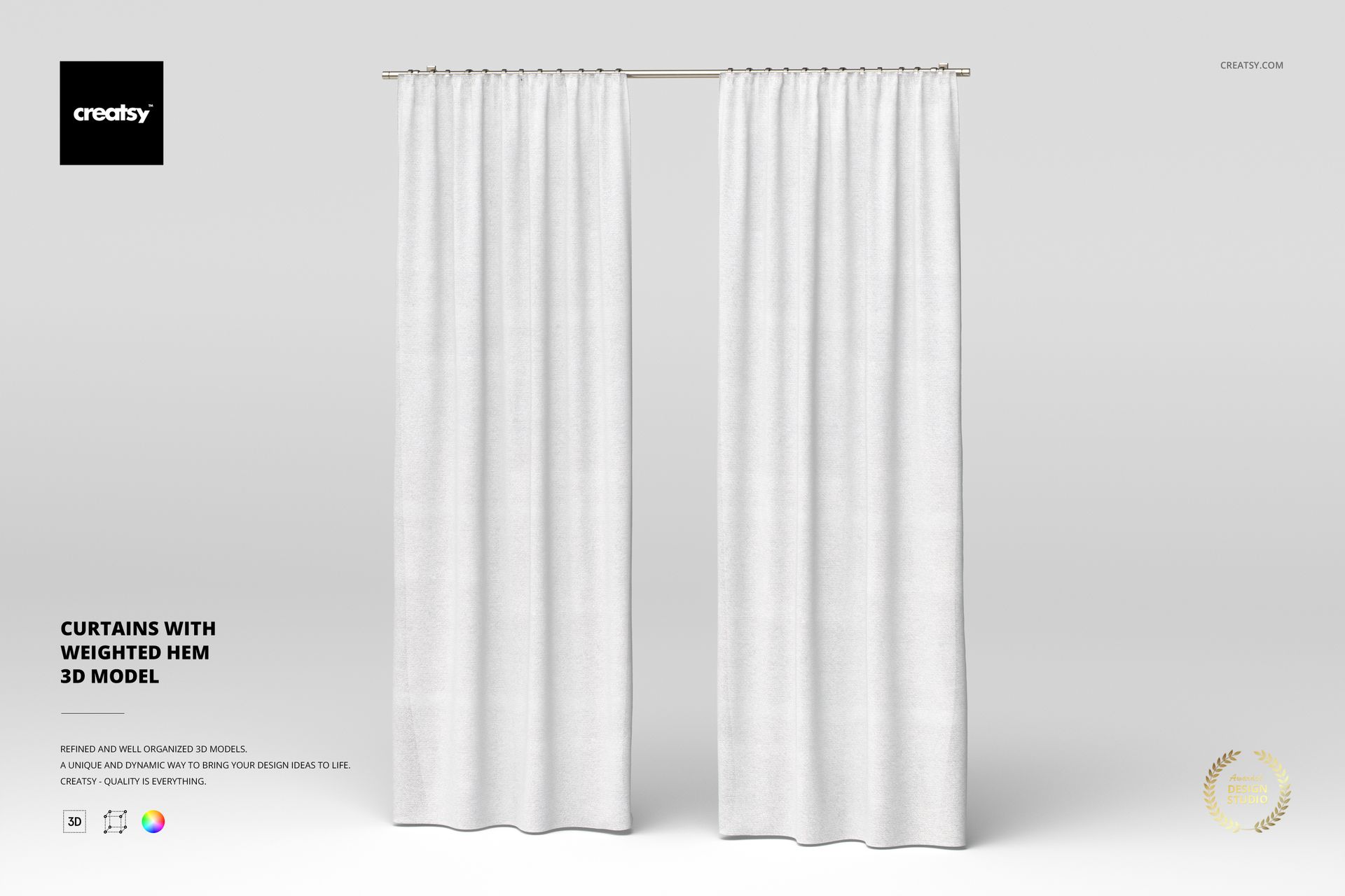 Front view of two white curtains with a weighted hem, hanging straight against a plain light gray background.