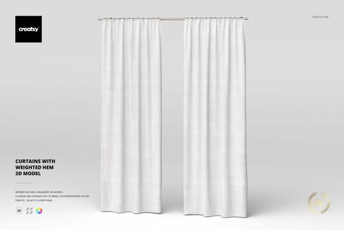 Front view of two white curtains with a weighted hem, hanging straight against a plain light gray background.