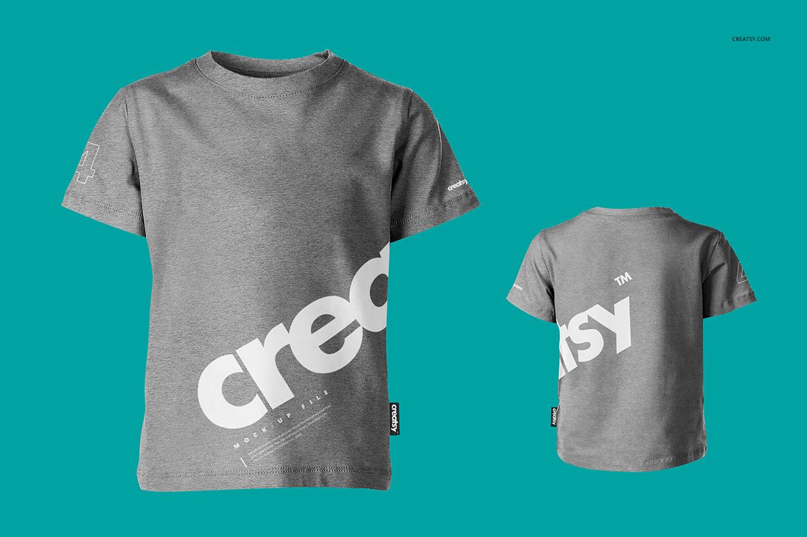 Kids T-shirt mockup featuring a front and back view of a gray short-sleeve shirt with bold white diagonal text.