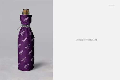 PSD mockup of a wine bottle wrapped in patterned purple tissue paper, displayed upright with a simple gray background.