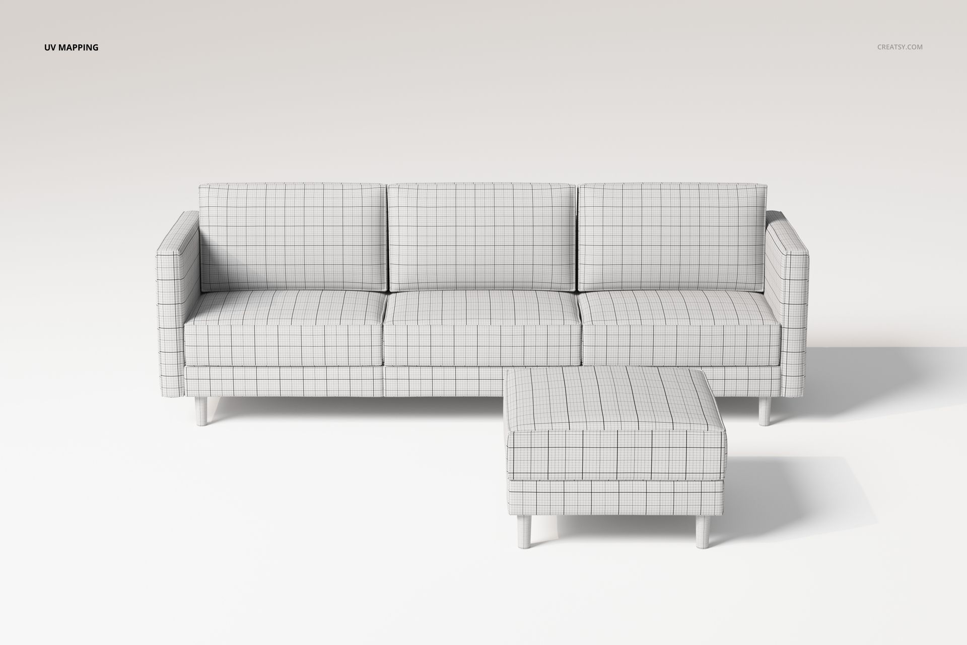 Three-seater sofa with ottoman in a front view, covered in a light gray grid pattern, set against a plain background.
