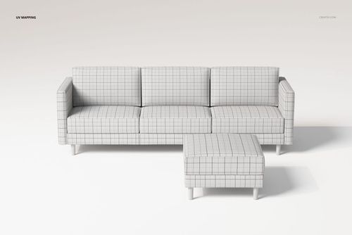 Three-seater sofa with ottoman in a front view, covered in a light gray grid pattern, set against a plain background.