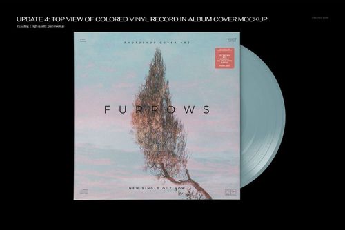 Front view of a light blue vinyl record mockup with an album cover showing a tall tree and soft clouds in the background.