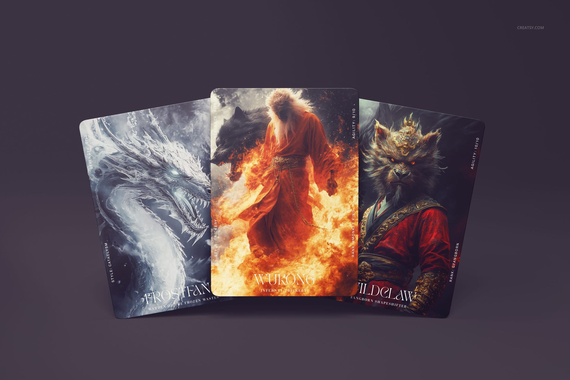 Fantasy-themed trading cards mockup showing dramatic character designs, arranged side by side against a dark background.
