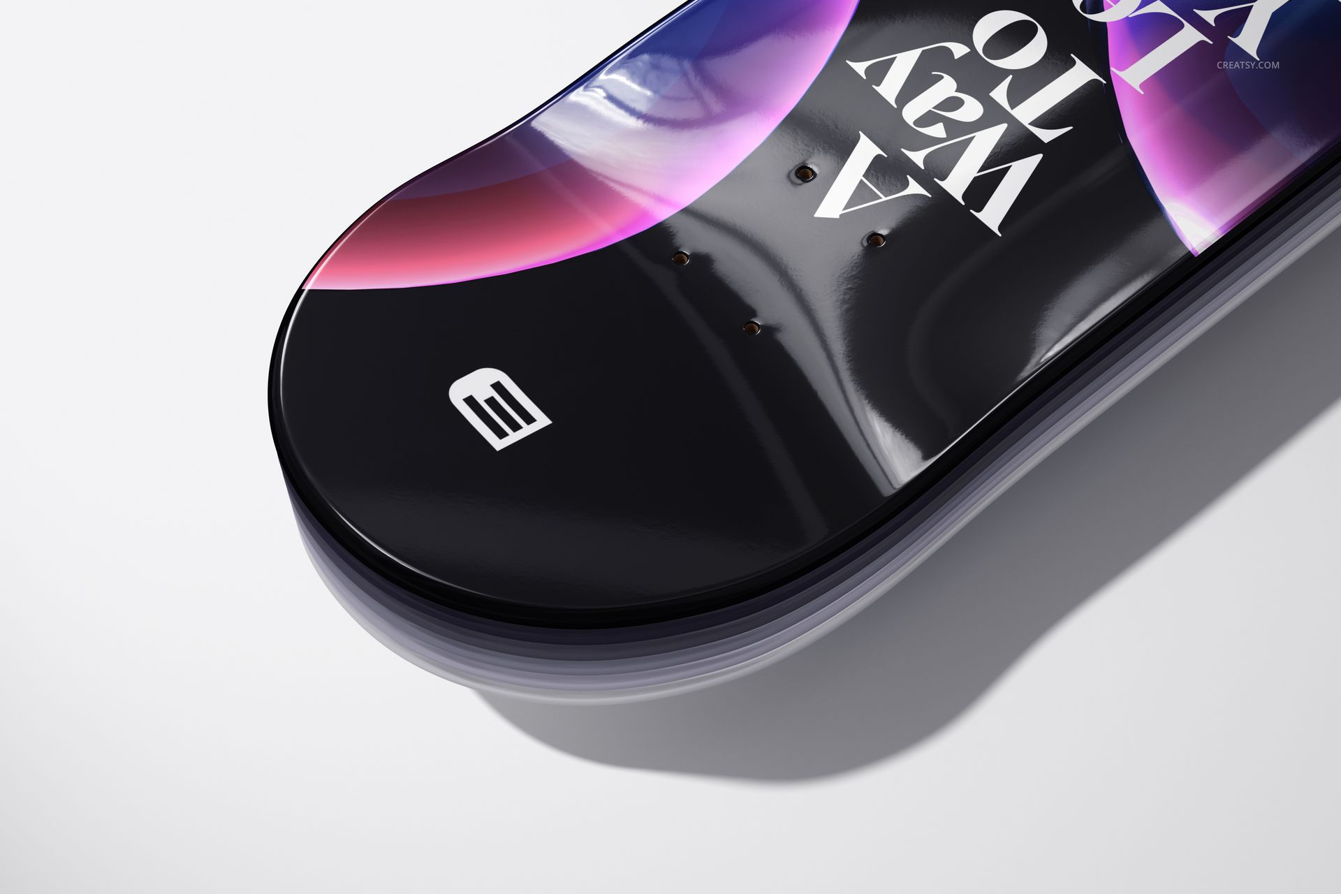 Close-up view of a clear epoxy resin coated skateboard deck mockup with abstract purple and pink patterns on a white surface.