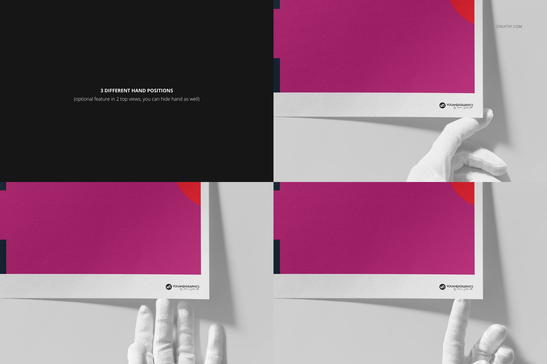Four-panel mockup showing a hand holding a fine art print with a magenta and red geometric design on white paper.