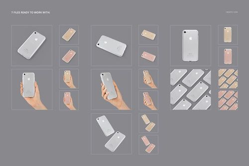 Multiple iPhone 7 clear case mockups shown in hand and flat lay views, featuring different metallic phone colors.