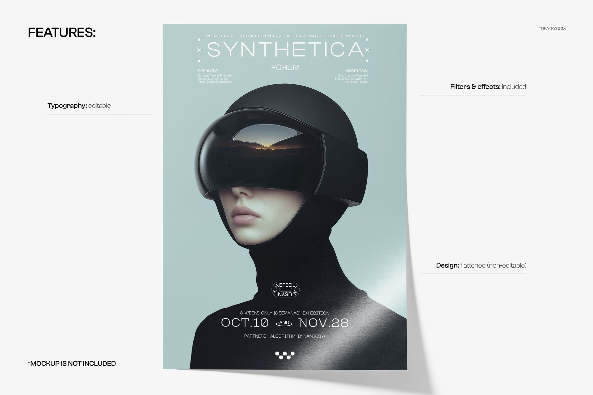 PSD mockup of a poster featuring a dark silhouette with a visor, pale blue backdrop, and editable typography.