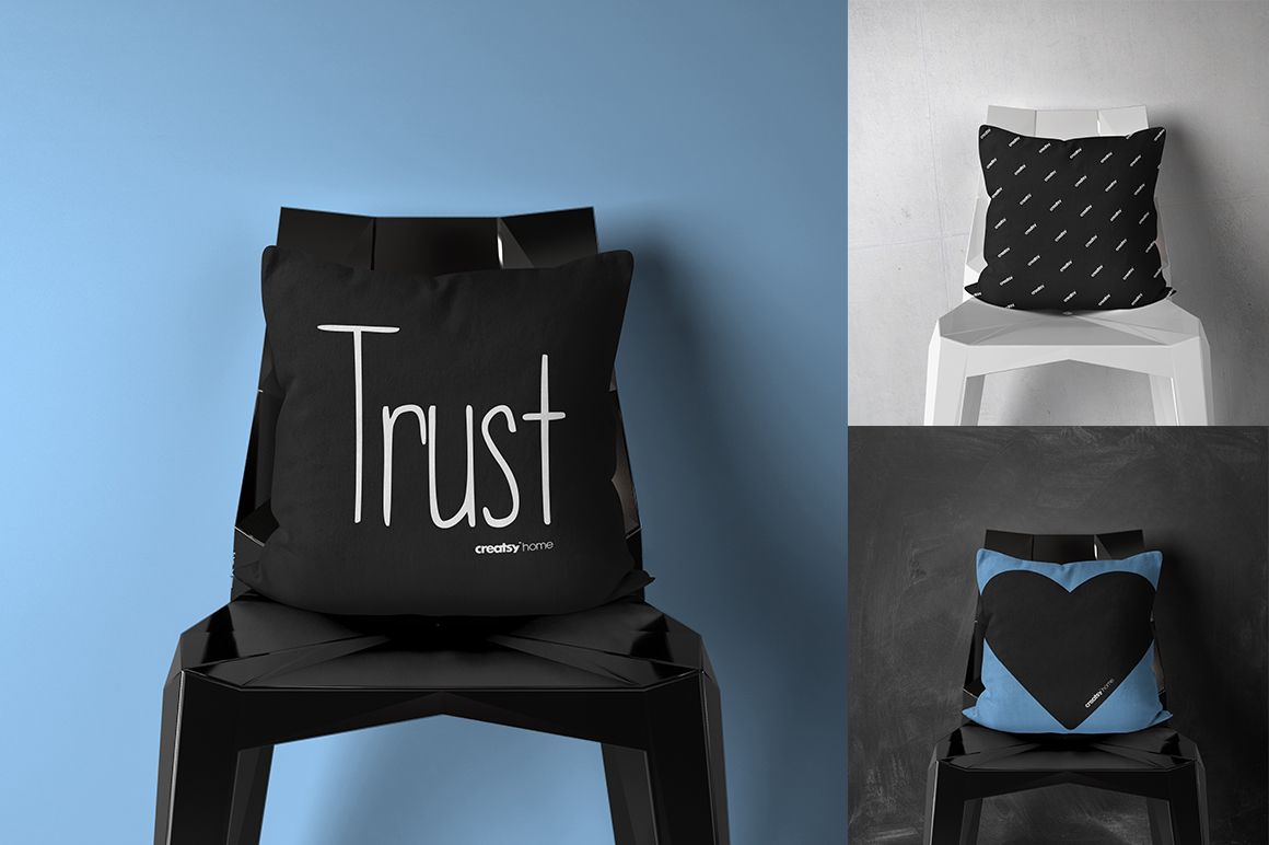 Throw pillow PSD mockup set showing various designs, including a large text print and geometric shapes on chairs.