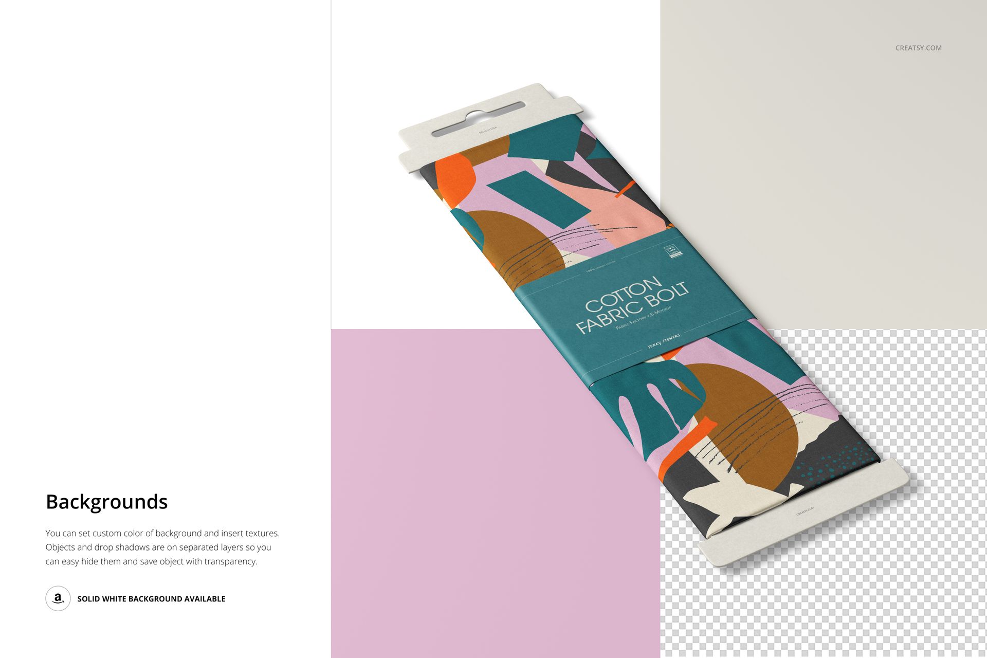 Fabric bolt mockup featuring a folded cotton bolt with abstract colorful pattern, displayed on a white surface.