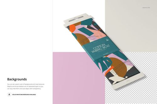 Fabric bolt mockup featuring a folded cotton bolt with abstract colorful pattern, displayed on a white surface.