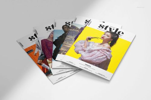 Five A4 magazine mockups with vibrant fashion-themed covers, shown from an angled top view.
