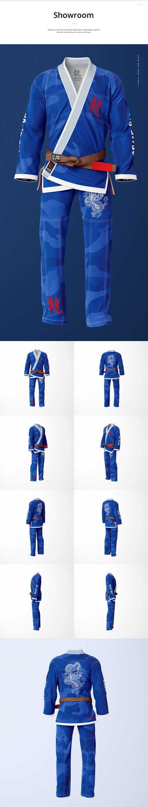 Blue Brazilian Jiu Jitsu uniform mockup set with white belt, dragon graphics, and multiple front and back views.