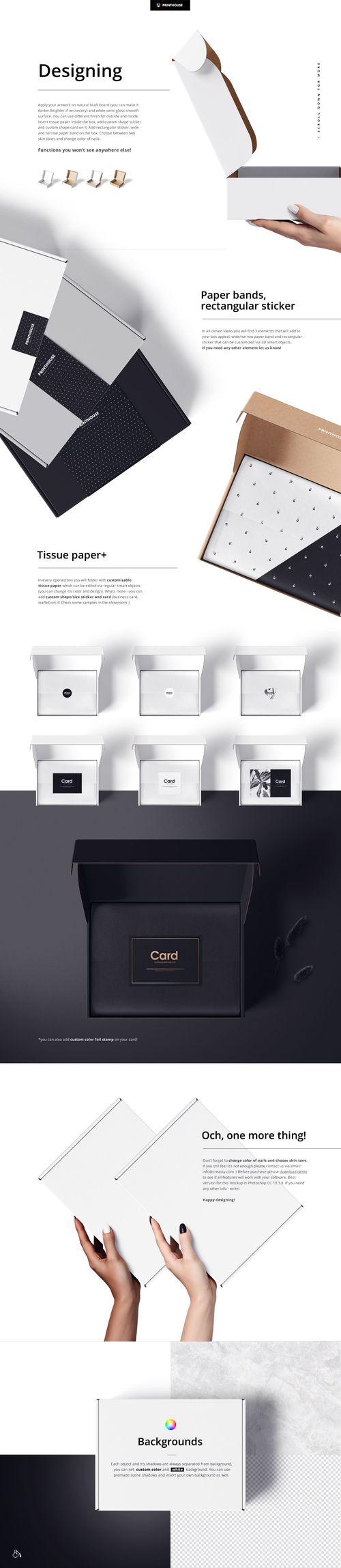 Multiple mailing box mockups displayed from top and front views, featuring white, black, and kraft paper finishes.