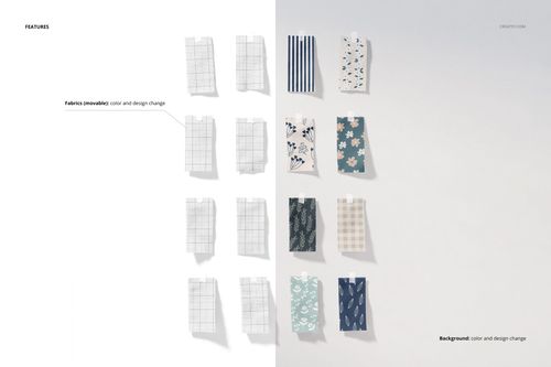 Fabric swatches mockup set showing multiple rectangles with grid, floral, and striped patterns from a top view.