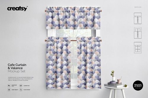 Front view of a window with valance and cafe curtains featuring a geometric pastel pattern in a PSD mockup scene.