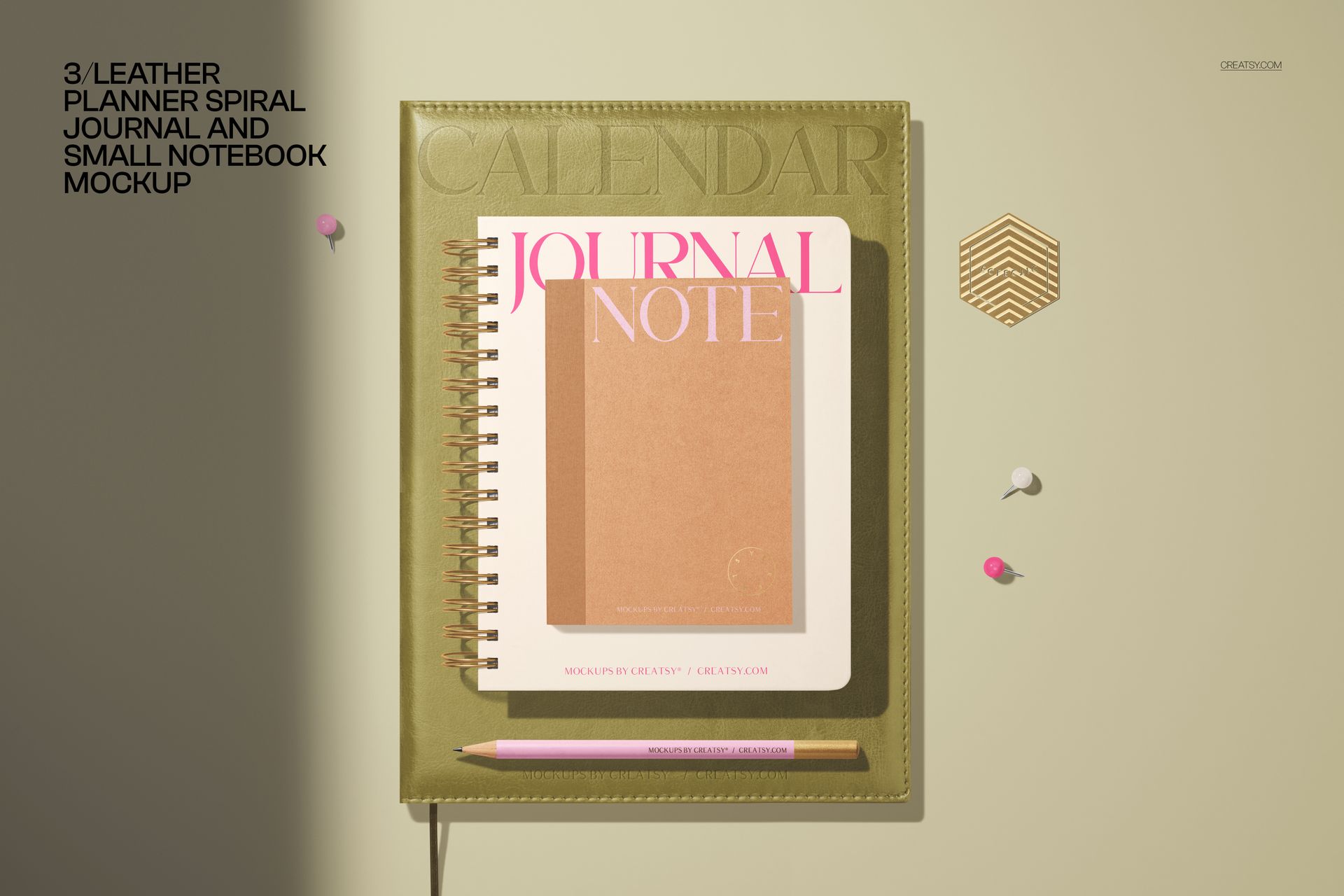 Stationery PSD mockup showing a calendar planner, journal note, pencil, and hexagonal decor from a top-down perspective.
