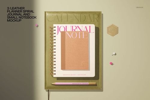 Stationery PSD mockup showing a calendar planner, journal note, pencil, and hexagonal decor from a top-down perspective.