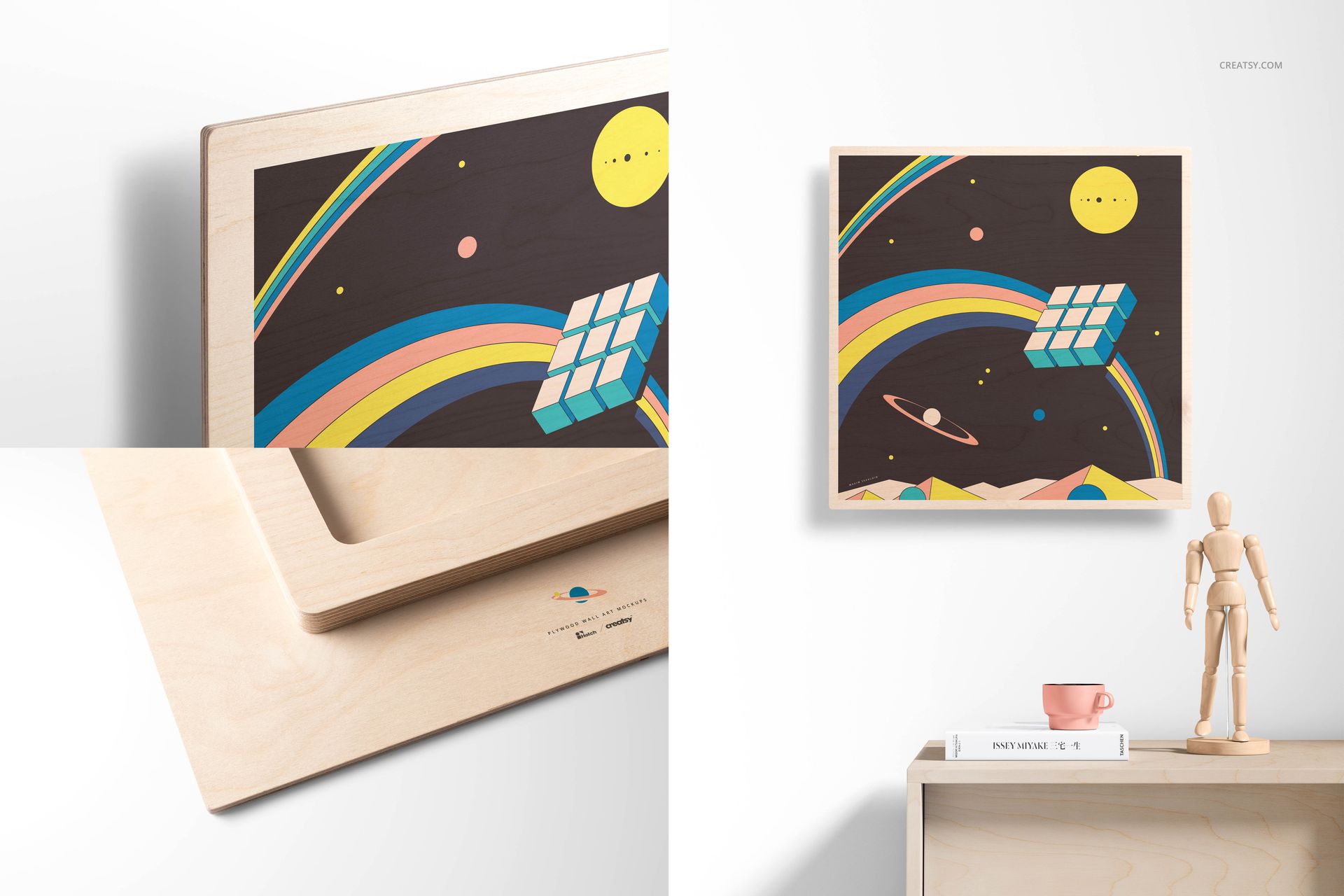 Square plywood wall art mockup featuring a colorful geometric and space-themed design, shown from multiple angles.