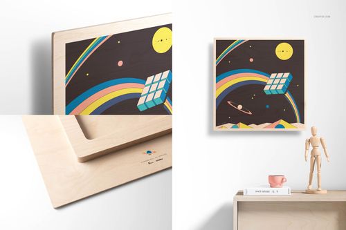 Square plywood wall art mockup featuring a colorful geometric and space-themed design, shown from multiple angles.