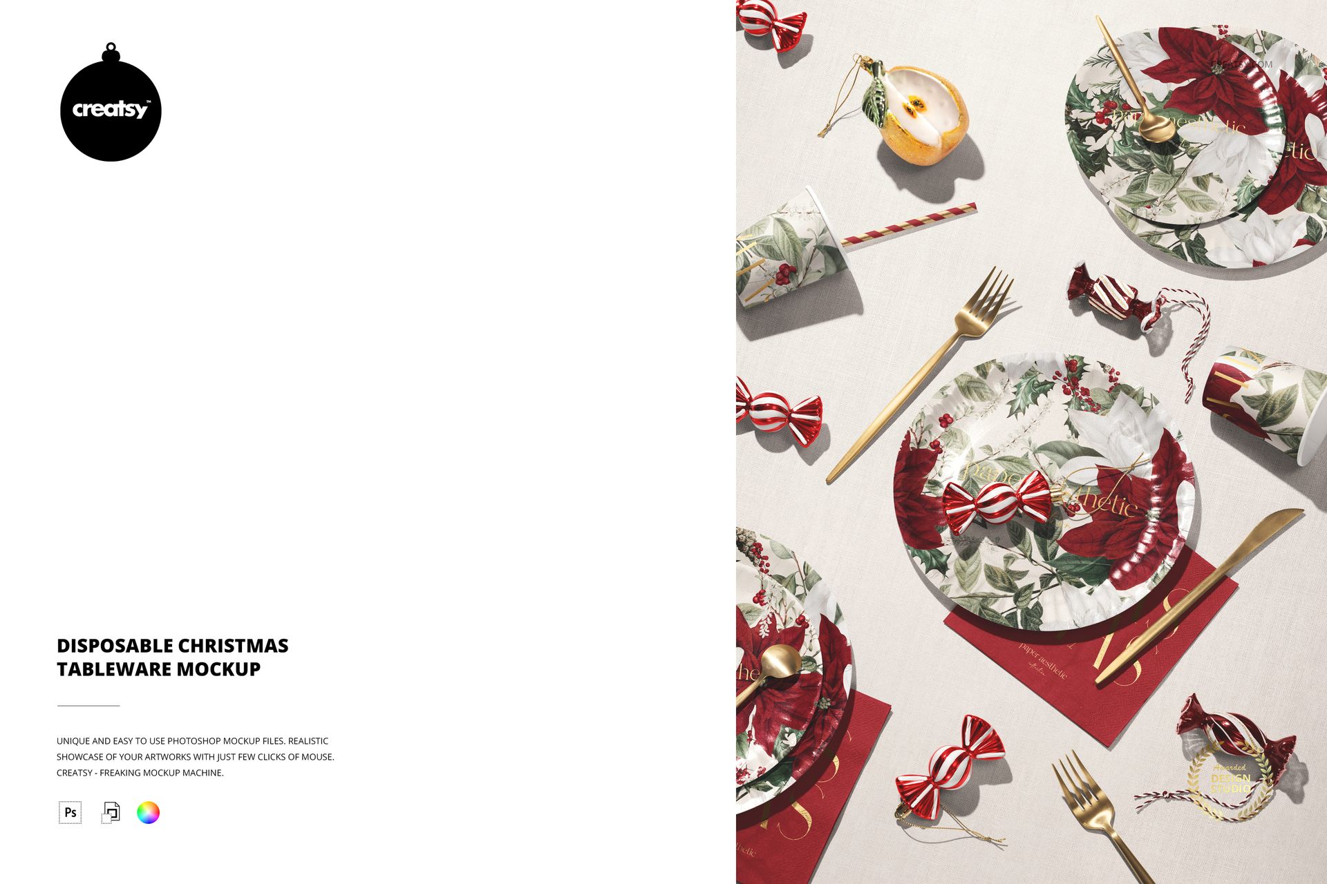 Top view of a Christmas-themed disposable tableware mockup with floral plates, striped straws, and holiday props on a light surface.