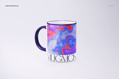 Front-facing ceramic mug mockup with purple accents and a colorful abstract design, displayed on a plain light surface.