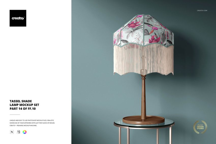 Tassel shade table lamp mockup featuring a wooden base, floral print lampshade, and decorative cream tassels.