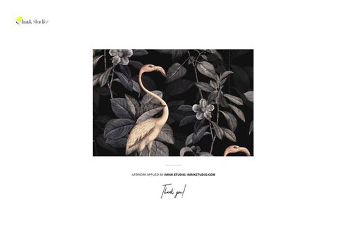 Square jewelry box mockup featuring a flamingo and botanical pattern on a dark background, shown from the front.