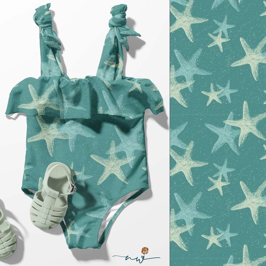 Baby swimsuit mockup featuring a teal one-piece with starfish pattern, matching sandals, and a close-up of the fabric design.