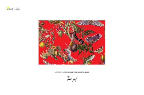 Fabric mockup displaying a red textile with colorful plants, butterflies, and insects, shown from a straight-on angle.