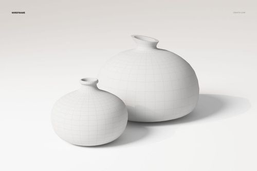 Front view of two round bellied ceramic vases in white with wireframe grid pattern, placed on a plain surface.