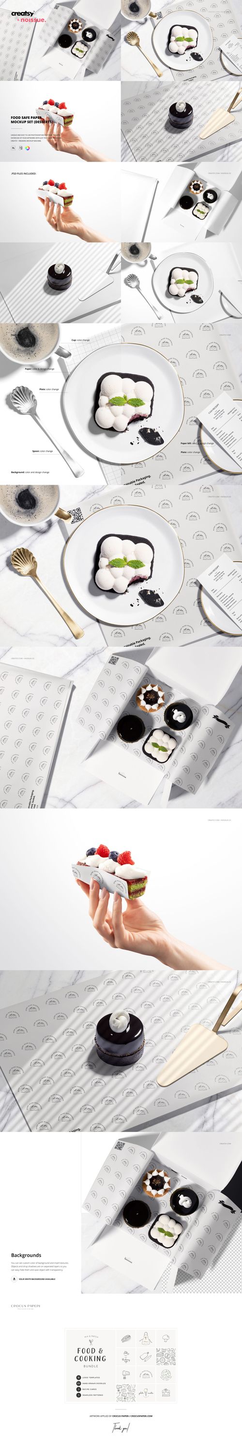 Food safe paper mockup bundle featuring sheets with a subtle grid pattern, sushi, chopsticks, and small bowls on a white tabletop.