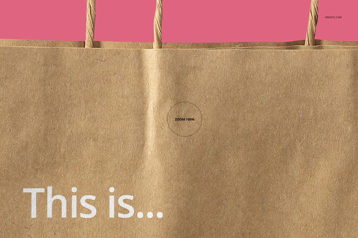Front view of a brown paper bag with twisted handles, set against a pink background, shown in a mockup style.