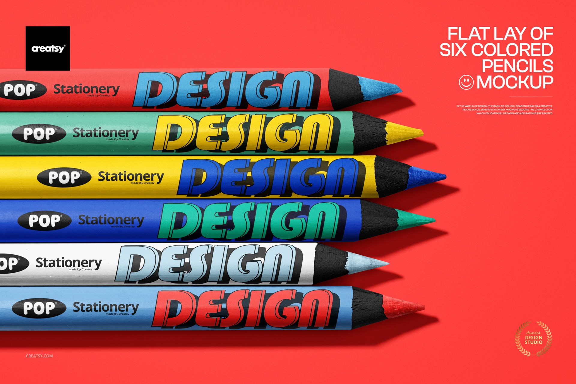 PSD mockup showing six colored pencils lined up horizontally, each with distinct colored bodies and printed labels.