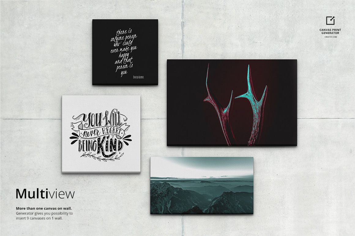 Four rectangular canvas prints with different designs arranged on a light gray concrete wall, viewed from the front.